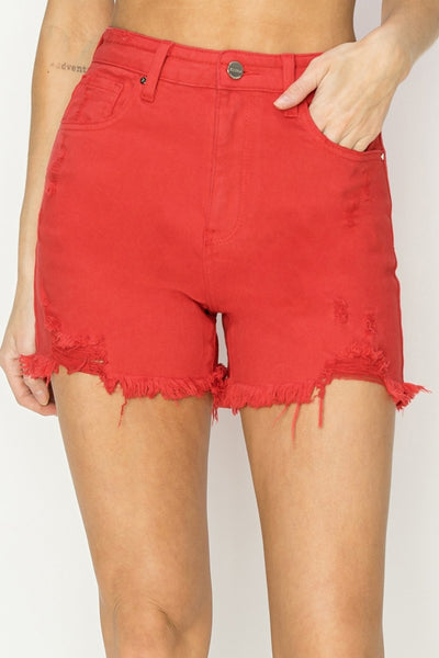 RISEN High Rise Distressed Denim Shorts in Red Southern Soul Collectives