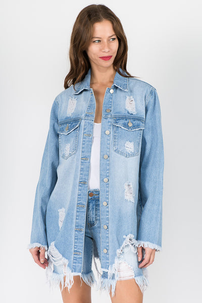 American Bazi Distressed Frayed Hem Denim Jacket Southern Soul Collectives