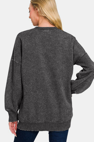 Zenana High-Low Acid Wash Fleece Sweatshirt in Black Southern Soul Collectives