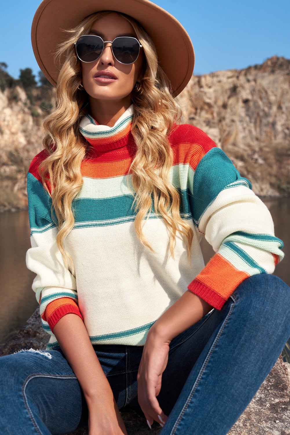 Woven Right Striped Turtleneck Drop Shoulder Sweater Southern Soul Collectives