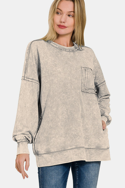 Zenana Exposed Seam Round Neck Dropped Shoulder Sweatshirt Southern Soul Collectives