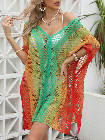 Openwork Contrast Stripe V-Neck Swim Cover-Up in Multiple Colors Southern Soul Collectives
