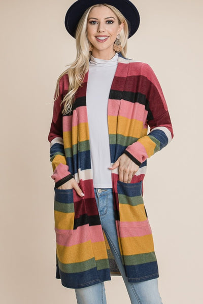 BOMBOM Color Block Striped Open Front Cardigan Southern Soul Collectives