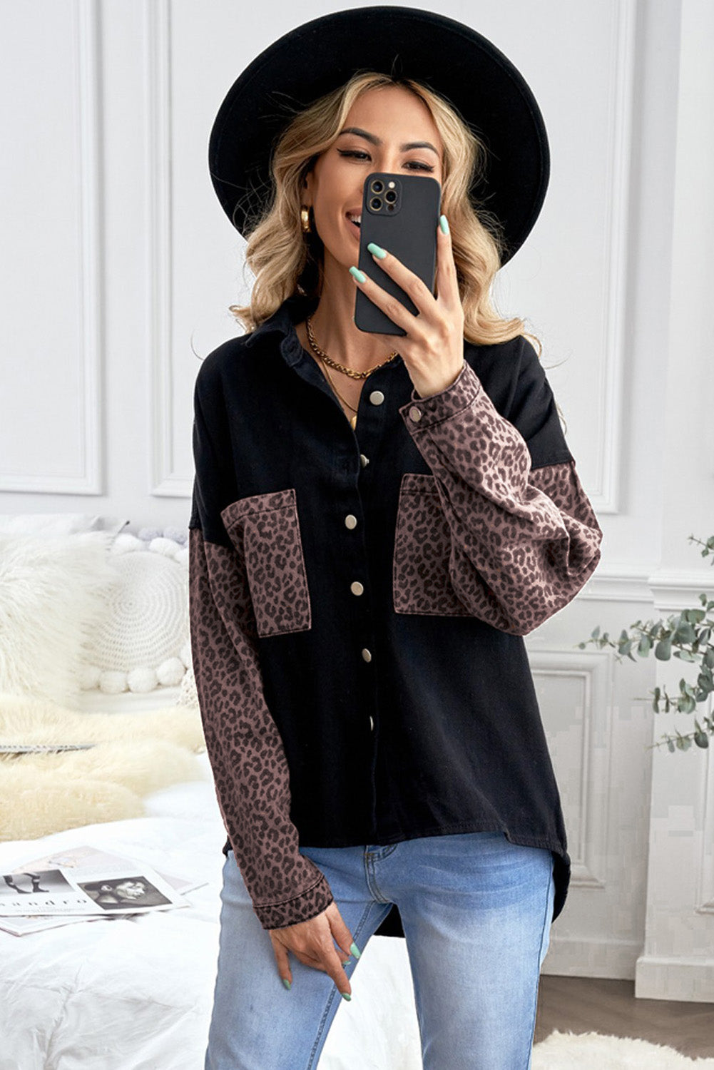 Double Take Leopard Contrast Denim Top Southern Soul Collectives