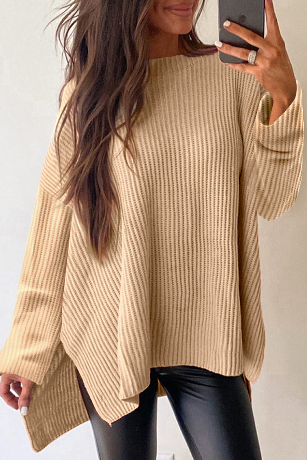 Side Slit Round Neck Long Sleeve Sweater in Tan Southern Soul Collectives