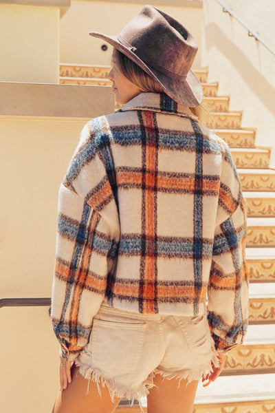 BiBi Brushed Plaid Crop Jacket with Pockets Southern Soul Collectives