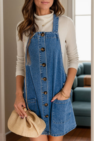 Square Neck Wide Strap Denim Overall Dress Southern Soul Collectives