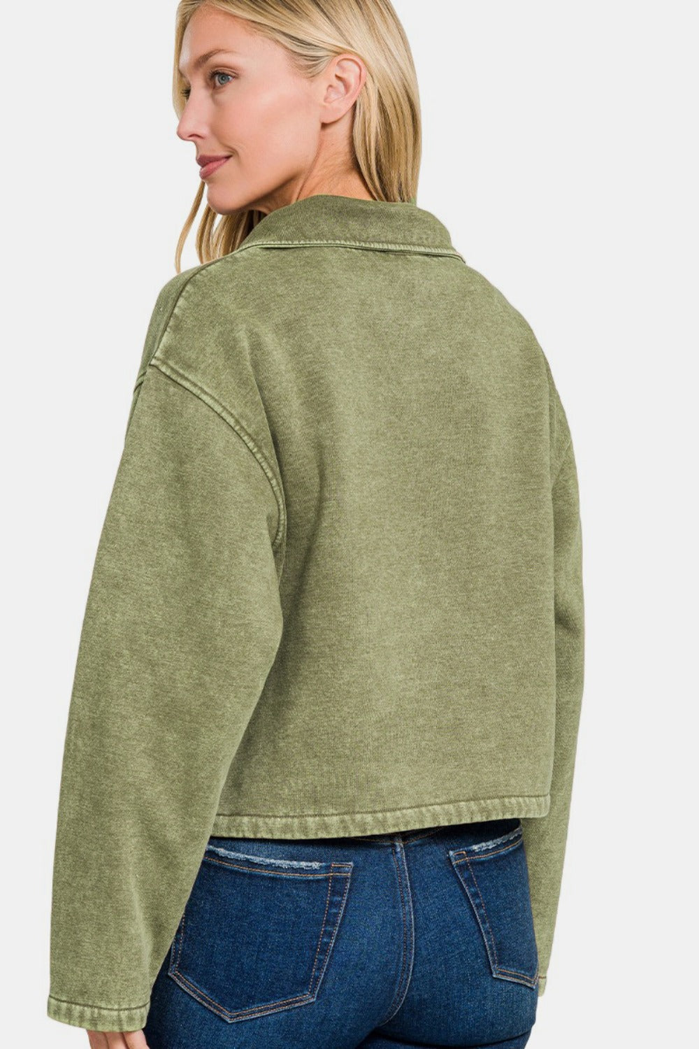 Zenana Acid Wash Fleece Half Snap Sweatshirt with Pocket in Light Olive Green Southern Soul Collectives