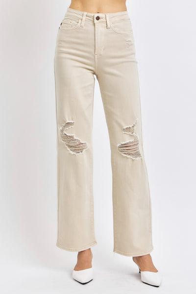 Judy Blue High Waist Distressed Wide Leg Jeans in Bone Southern Soul Collectives