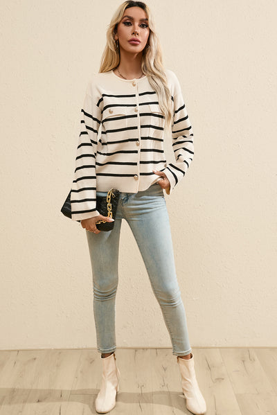 Striped Button Up Round Neck Cardigan Southern Soul Collectives