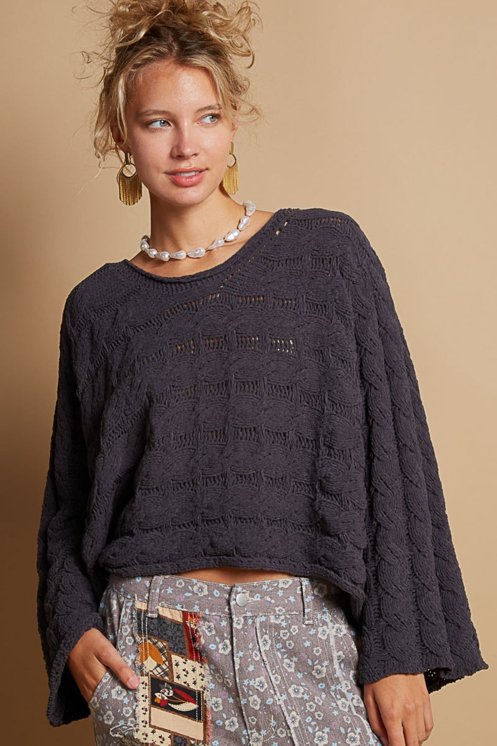 POL Round Neck Cable Knit Cropped Sweater Southern Soul Collectives