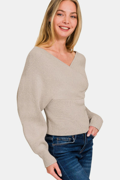 Zenana Cross Wrap Rib Long Sleeve Sweater Southern Soul Collectives