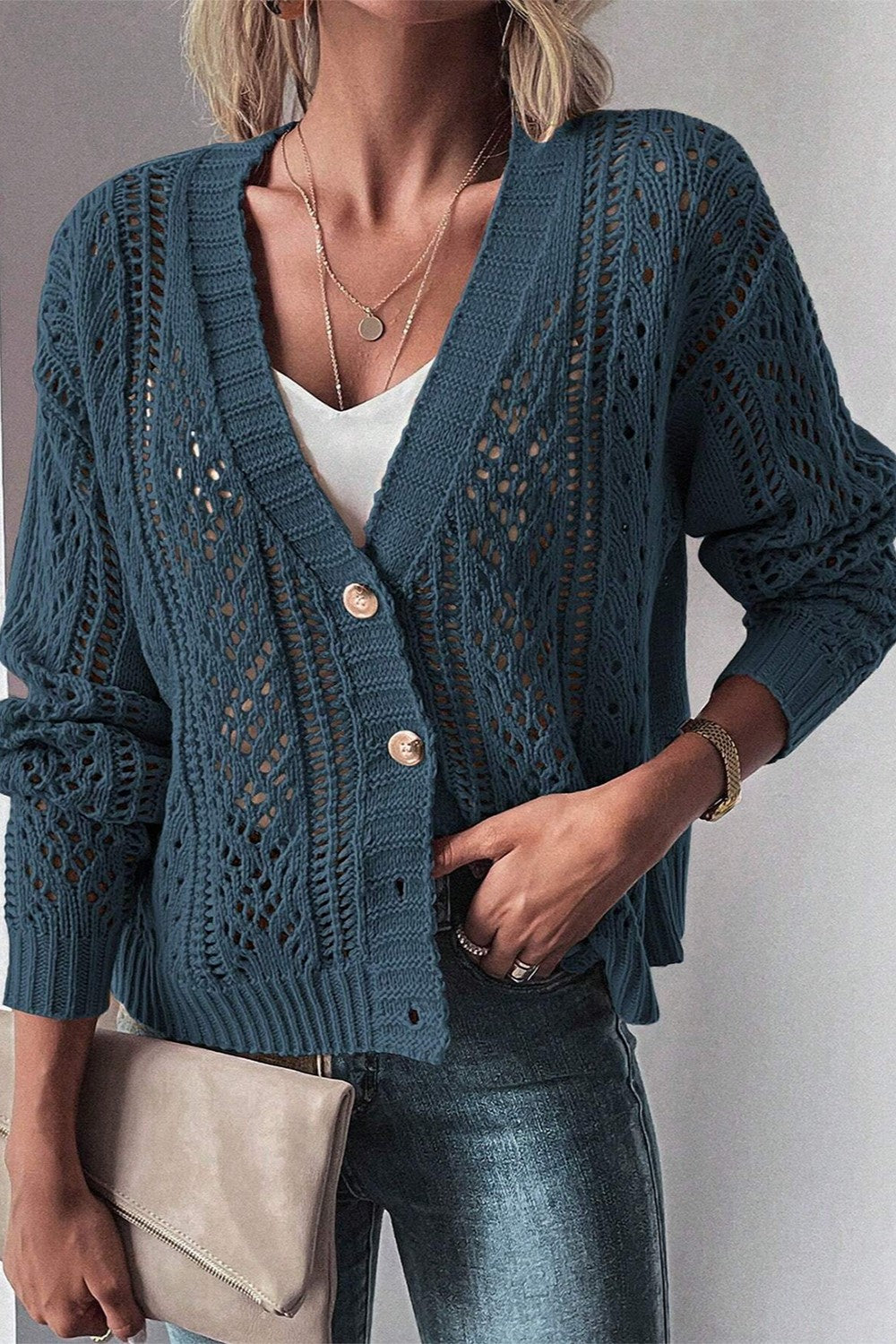 Openwork Button Up Long Sleeve Cardigan Southern Soul Collectives