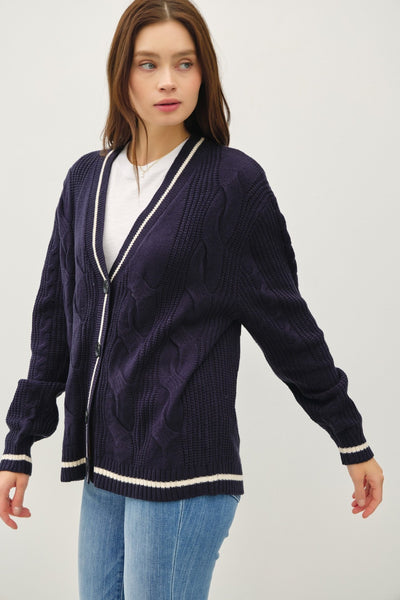 Be Cool Contrast Trim Cable-Knit V-Neck Cardigan Southern Soul Collectives