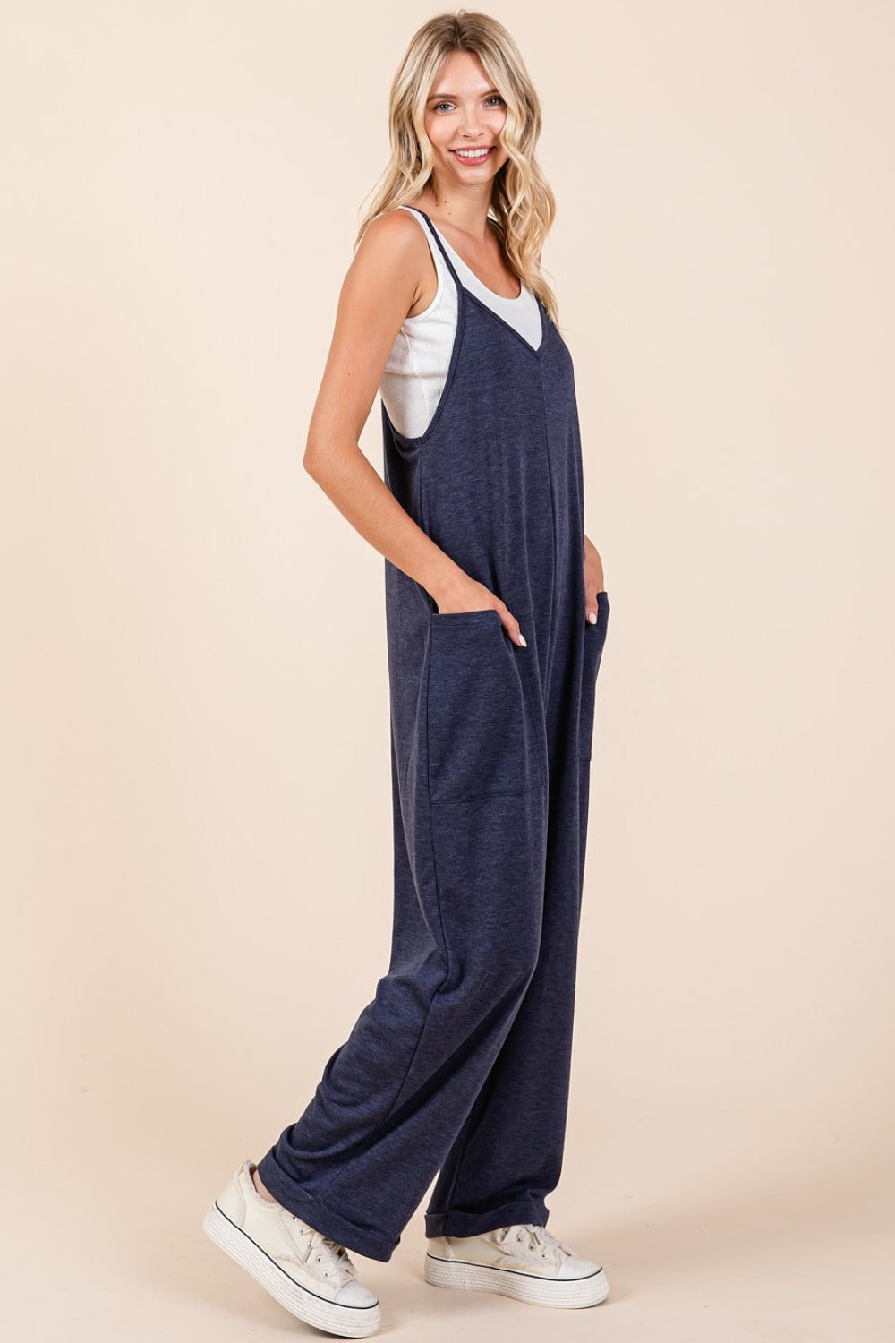 Patch Pocket Wide Leg Sleeveless Jumpsuit in Navy Southern Soul Collectives