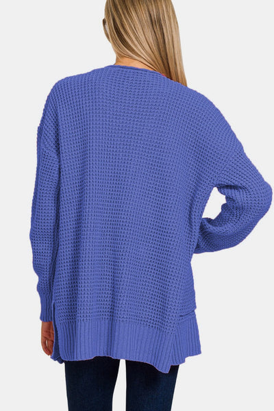 Zenana Waffle Open Front Sweater Cardigan in Marlin Purple Southern Soul Collectives