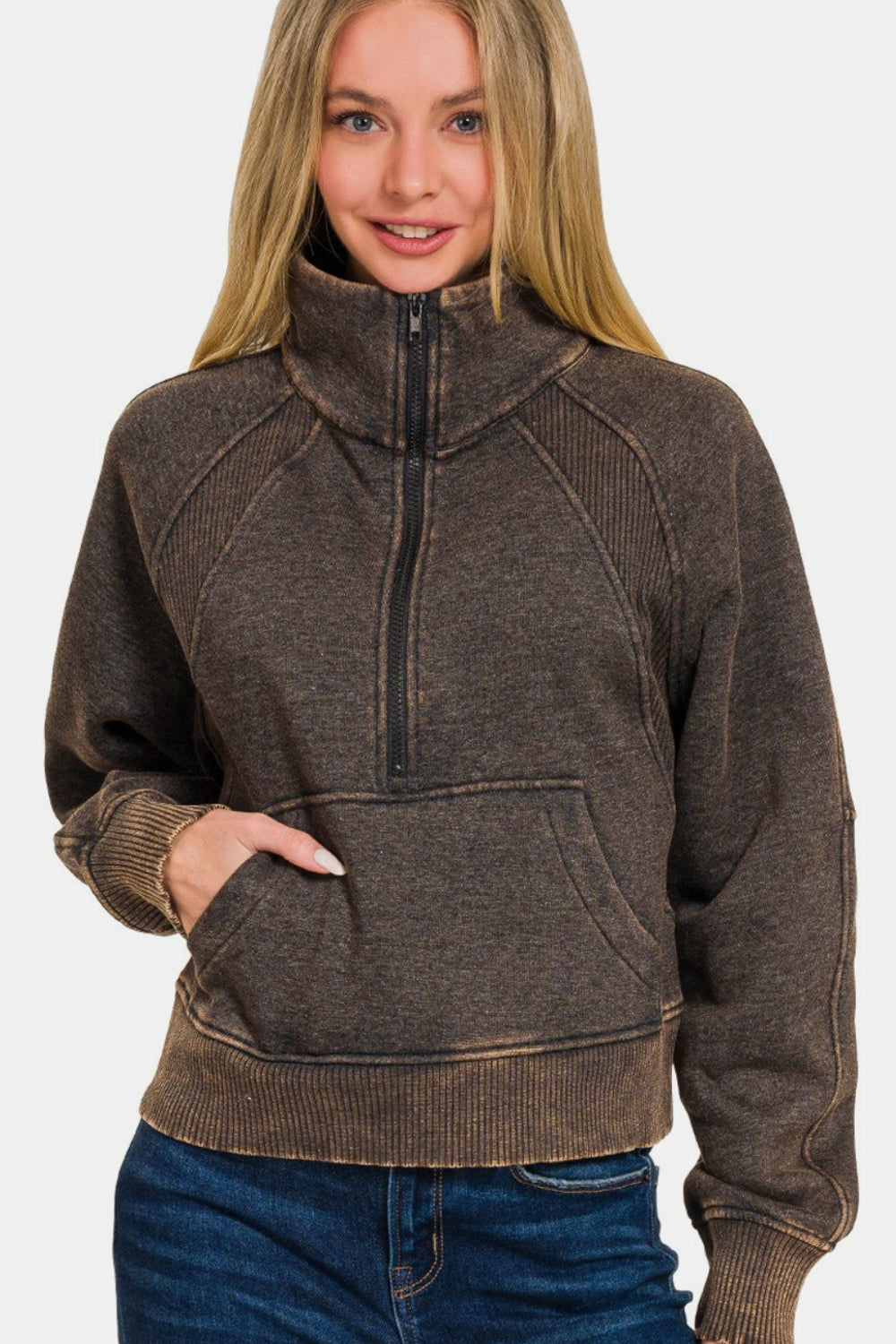 Zenana Acid Washed Half Zip Fleece Sweatshirt in Ash Black Southern Soul Collectives