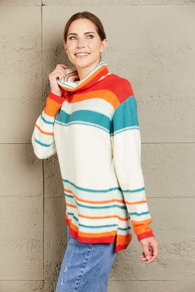 Woven Right Striped Turtleneck Drop Shoulder Sweater Southern Soul Collectives