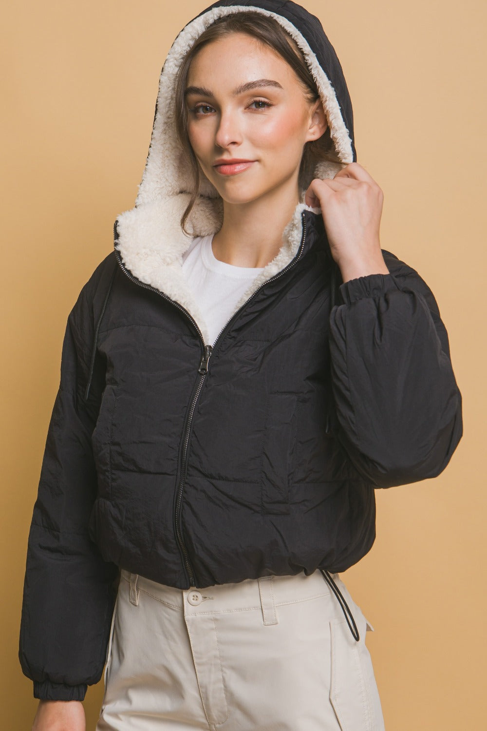 Zip Up Cropped Hooded Sherpa Reversible Jacket in Black Southern Soul Collectives