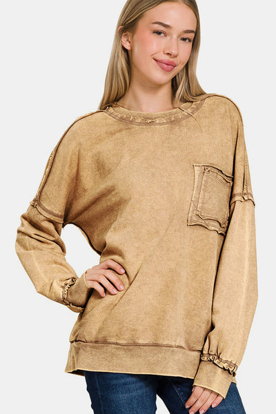 Zenana Exposed Seam Round Neck Dropped Shoulder Sweatshirt in Camel Southern Soul Collectives