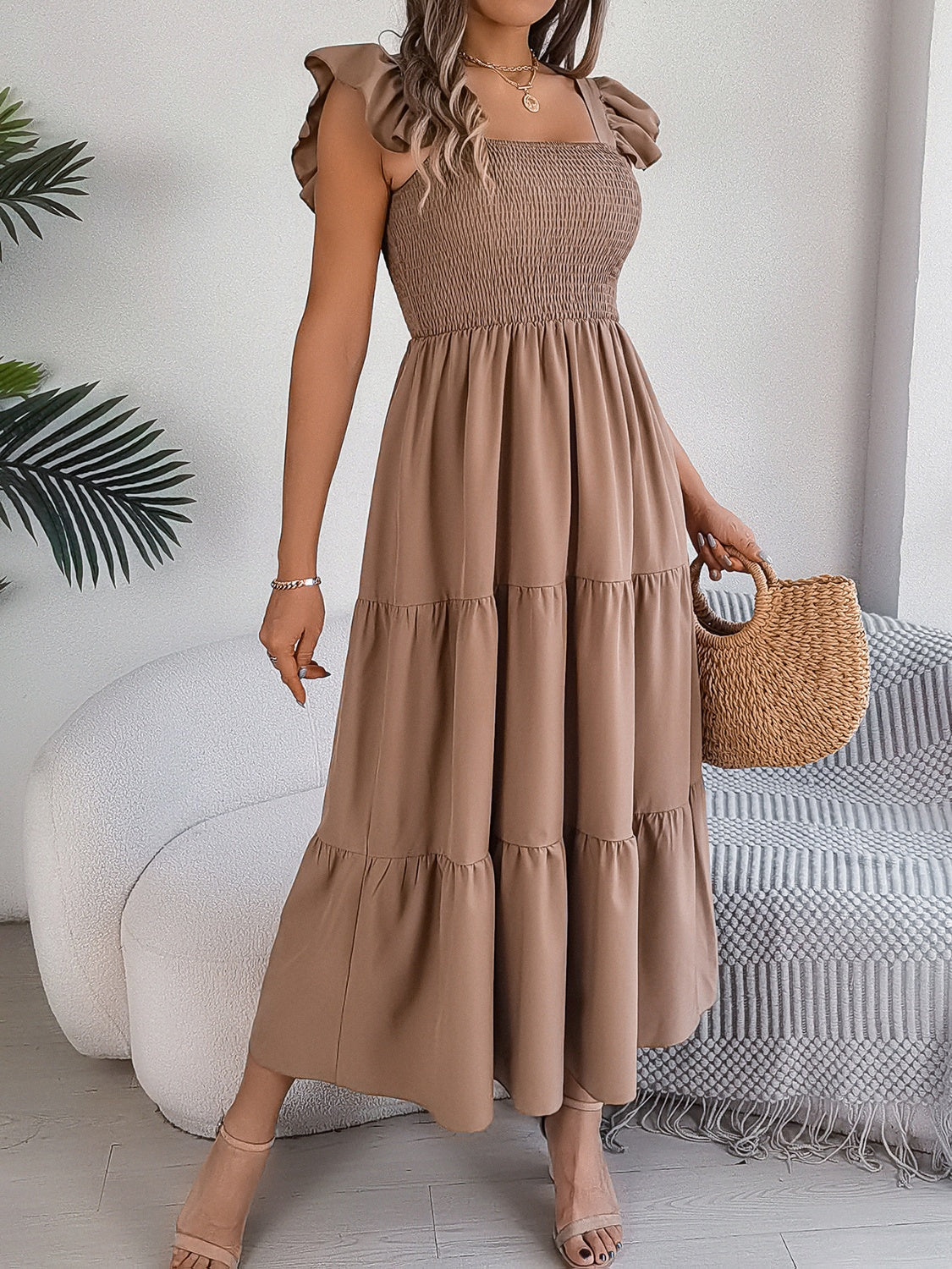 Smocked Square Neck Cap Sleeve Midi Dress Southern Soul Collectives