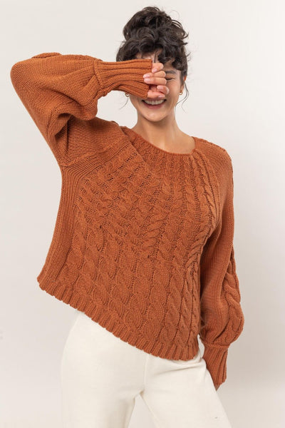 Cable-Knit Round Neck Raglan Sleeve Sweater in Rust Southern Soul Collectives