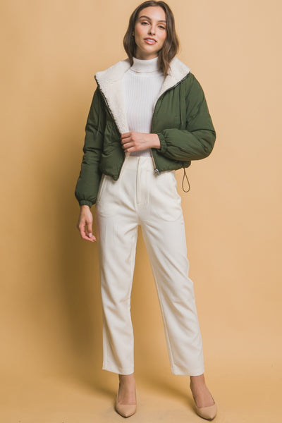 Zip Up Cropped Hooded Sherpa Reversible Jacket in Hunter Greent Southern Soul Collectives