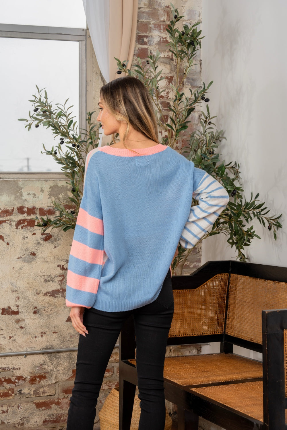 Striped Dropped Shoulder Round Neck Sweater in Coral Blue Southern Soul Collectives