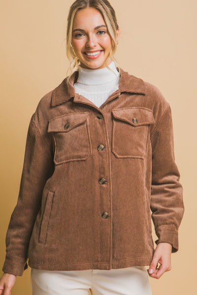 Corduroy Button Up Jacket with Sherpa Inside in Brown Cocoa Southern Soul Collectives