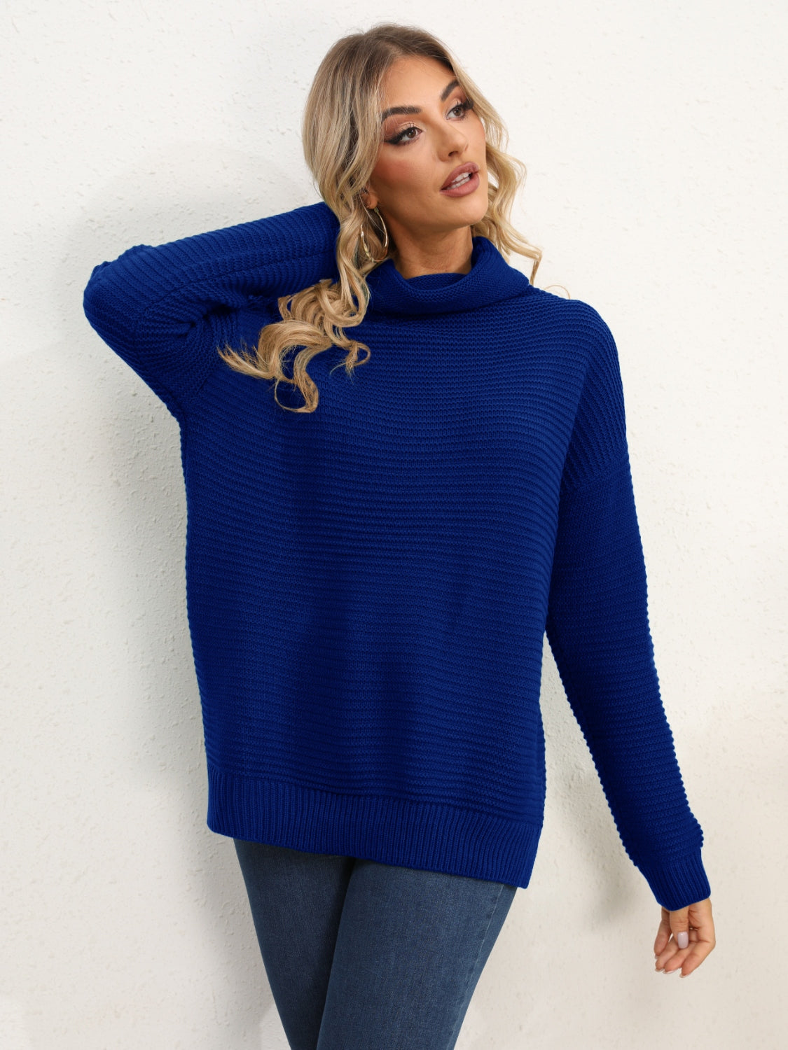 Slit Turtleneck Dropped Shoulder Sweater Southern Soul Collectives