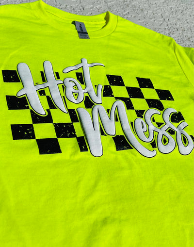 Hot Mess Checkered Graphic T-shirt in Safety Green