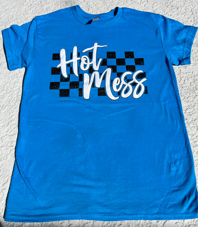 Hot Mess Checkered Graphic T-shirt in Sapphire Blue