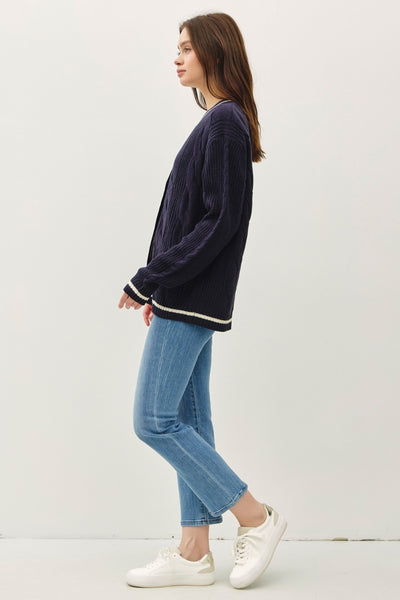 Be Cool Contrast Trim Cable-Knit V-Neck Cardigan Southern Soul Collectives