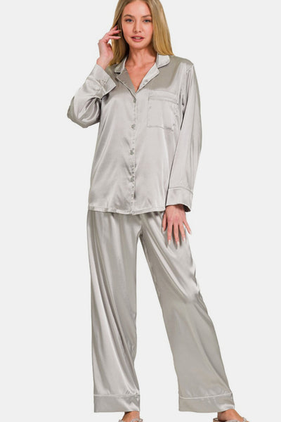 Zenana Satin Long Sleeve Shirt and Pants Pajama Set Southern Soul Collectives