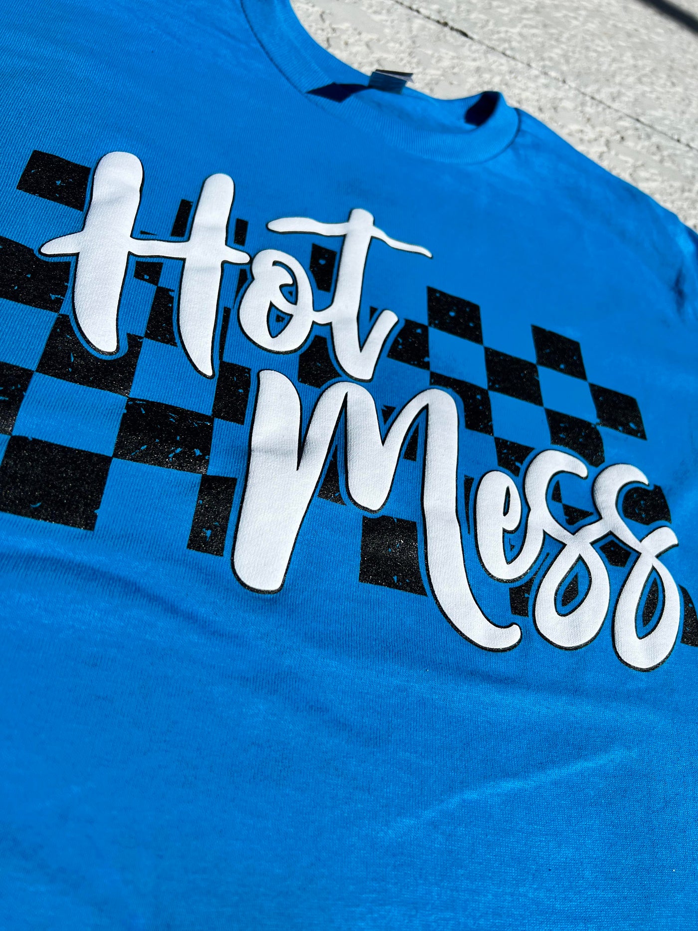 Hot Mess Checkered Graphic T-shirt in Sapphire Blue