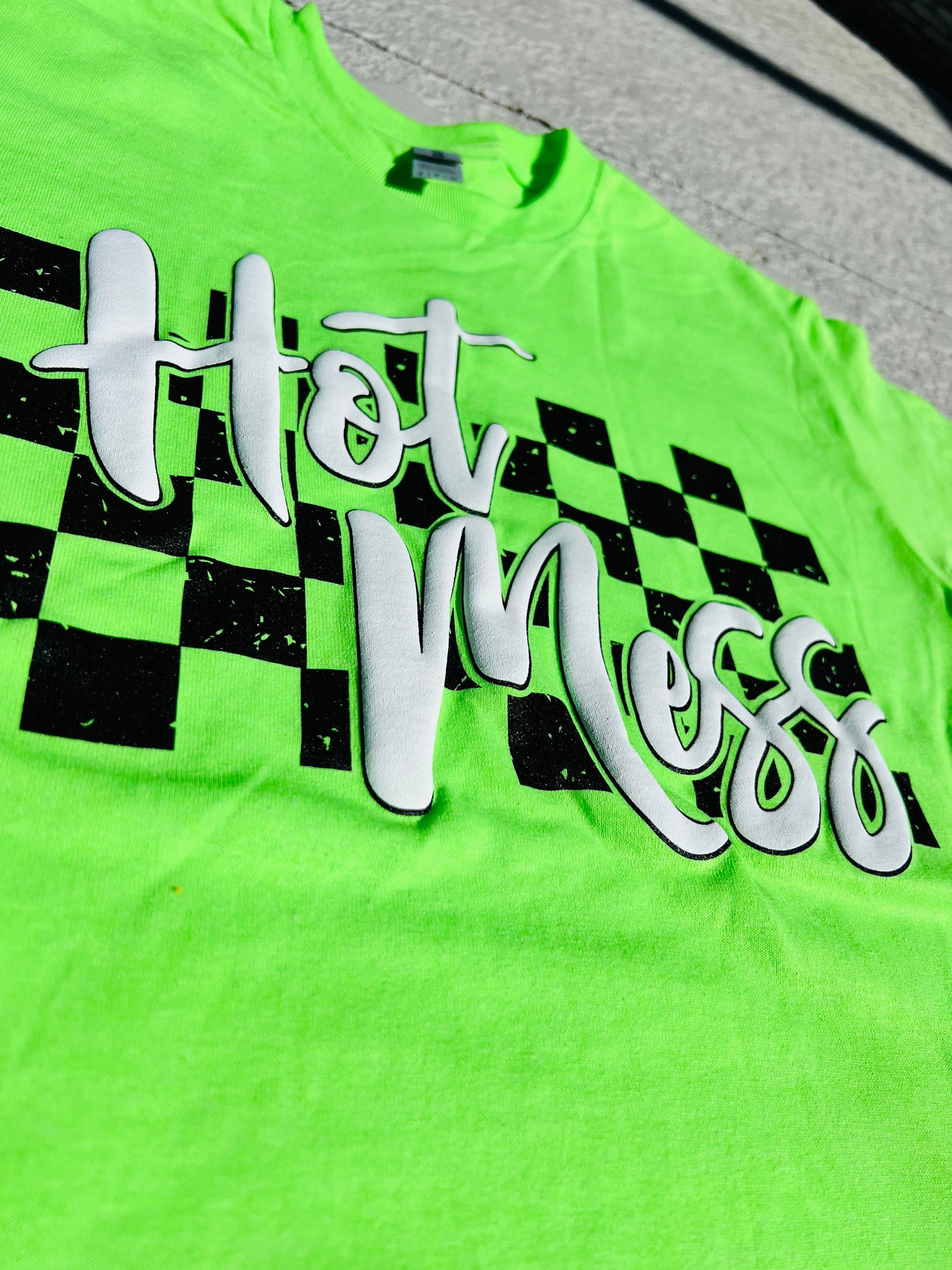 Hot Mess Checkered Graphic T-shirt in Neon Green