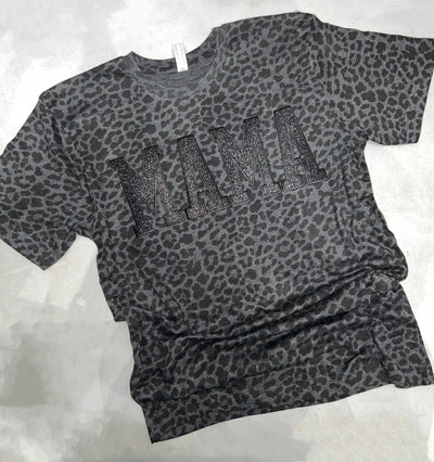 MAMA GLITTER EMBROIDERED PATCHES LEOPARD Graphic T-shirt