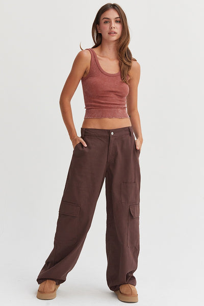 Elastic Waist Wide-Leg Cargo Pants in Brown Southern Soul Collectives