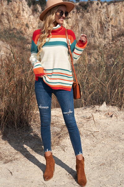 Woven Right Striped Turtleneck Drop Shoulder Sweater Southern Soul Collectives