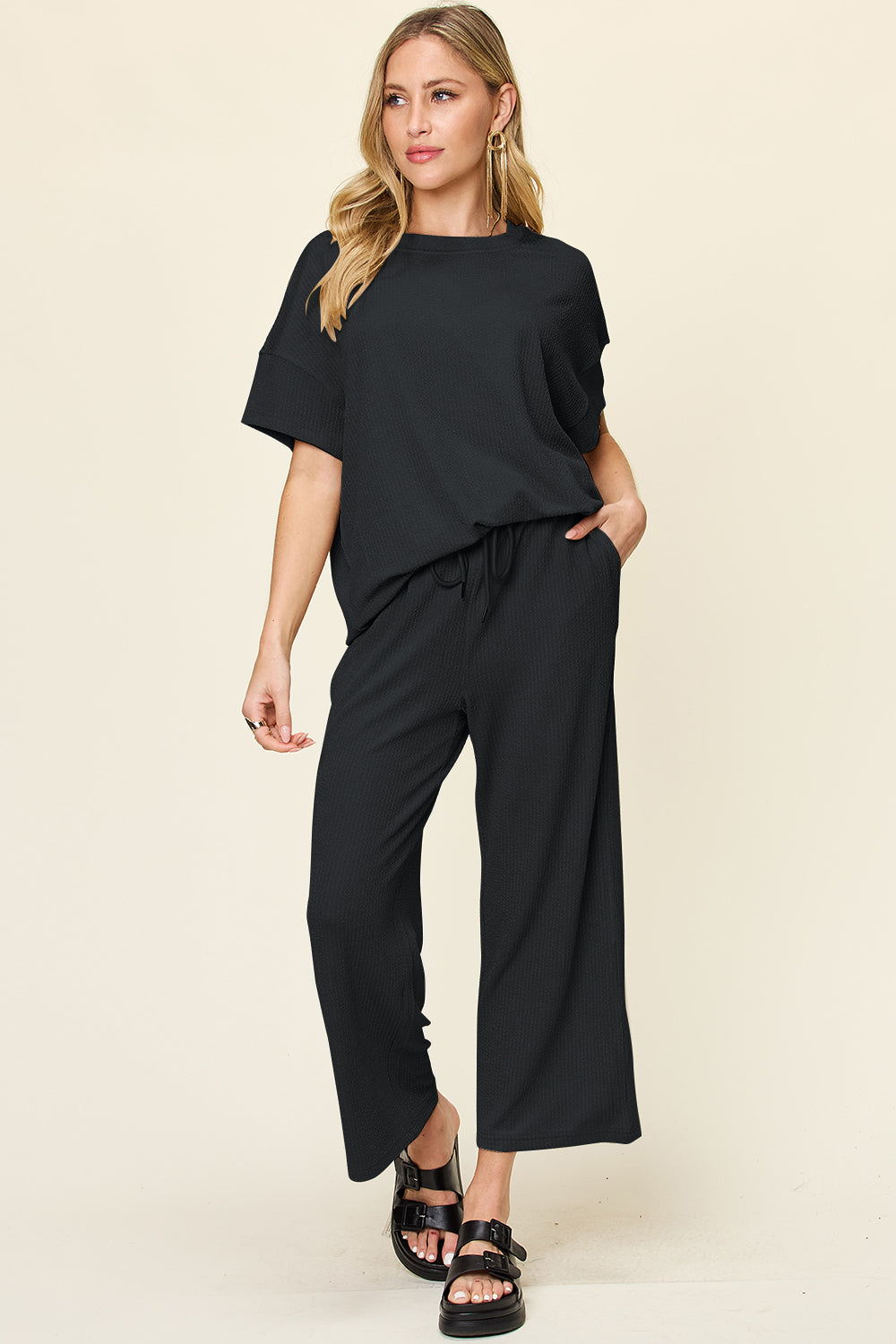 Double Take Full Size Texture Round Neck Short Sleeve T-Shirt and Wide Leg Pants Southern Soul Collectives