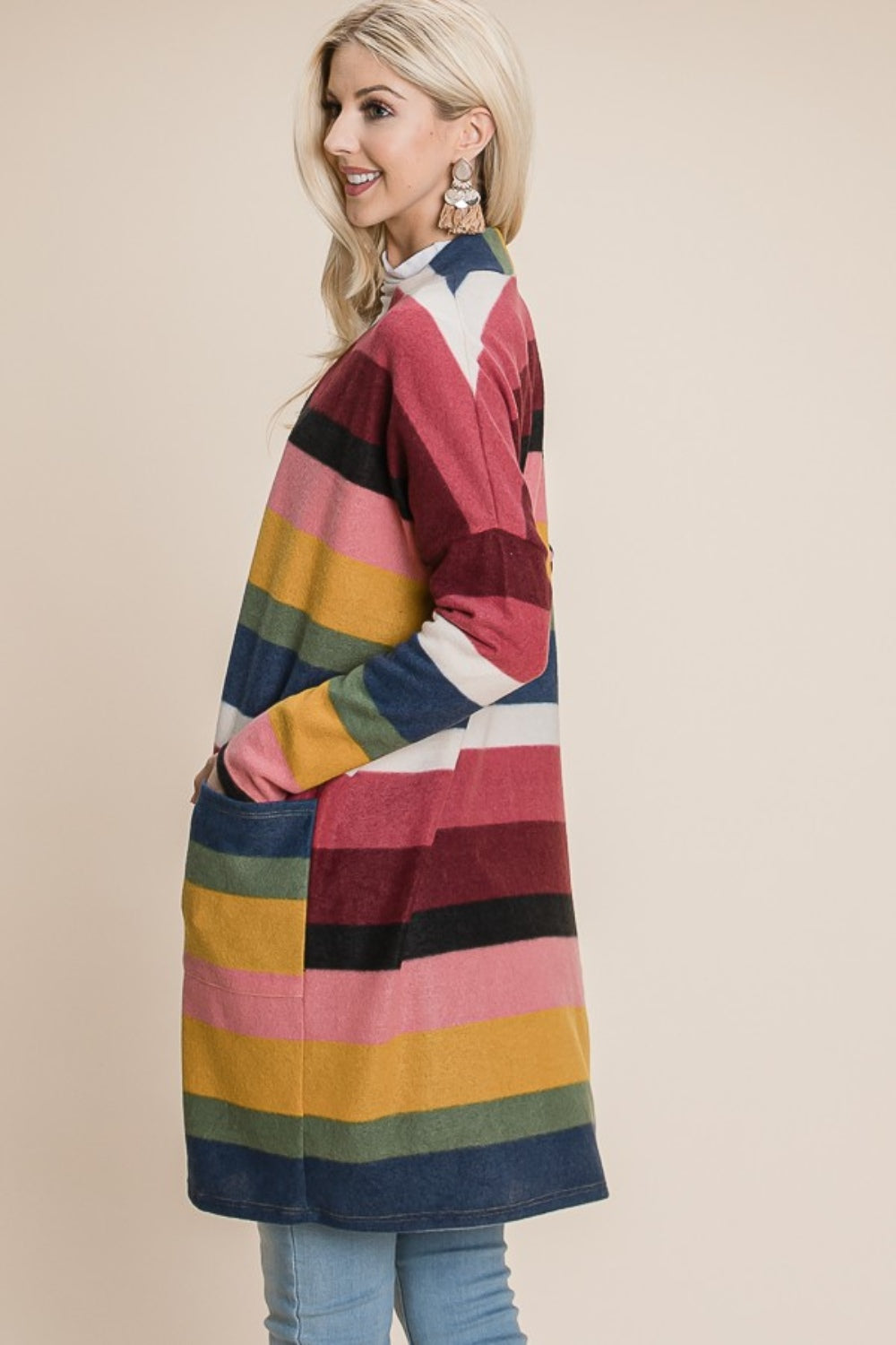 BOMBOM Color Block Striped Open Front Cardigan Southern Soul Collectives