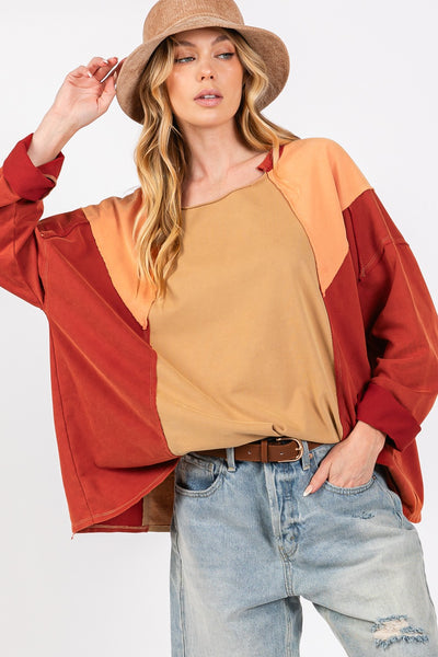 Mineral Wash Color Block Pullover Top in Red Toast Southern Soul Collectives