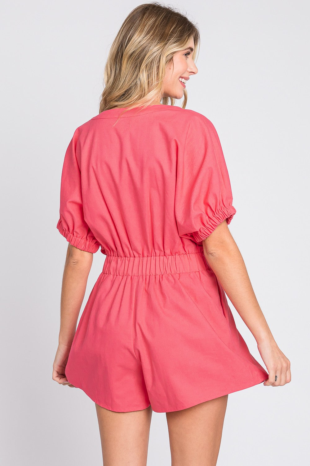 Half Button V-Neck Linen Romper in Pink Southern Soul Collectives