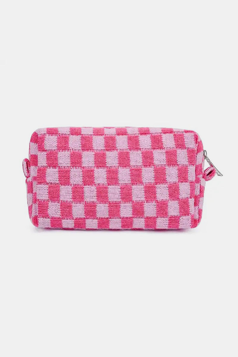 Zenana Checkered Pattern Knitted Cosmetic Pouch Makeup Bag in Multple Colors Southern Soul Collectives