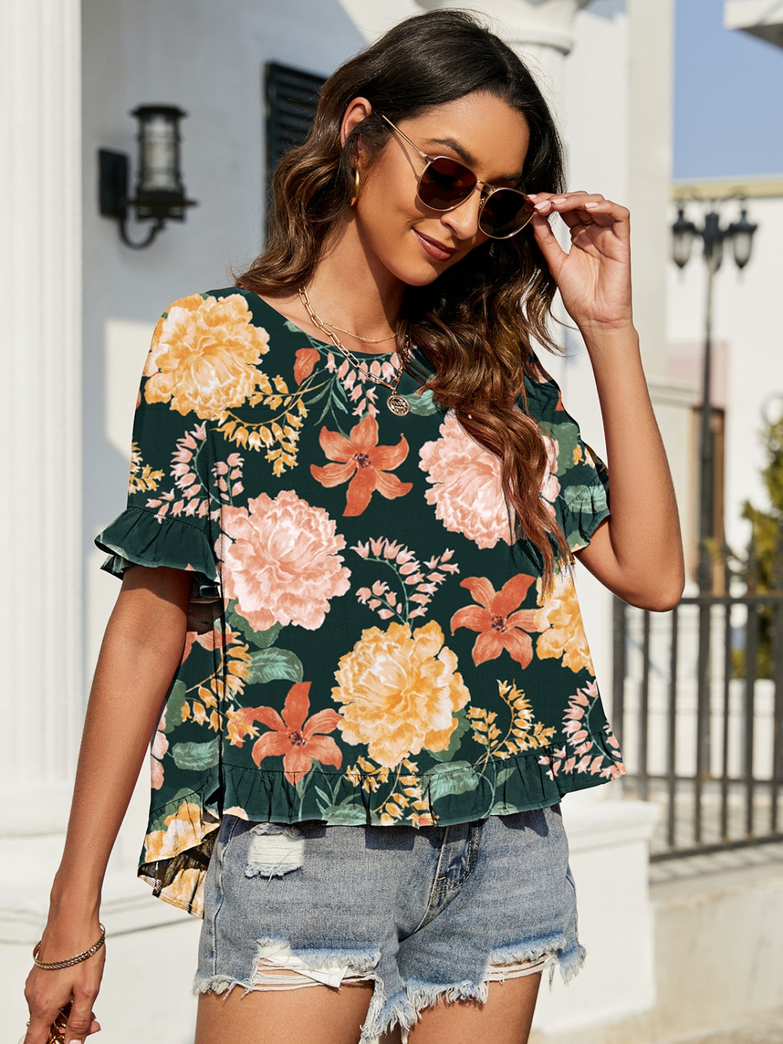 Double Take Floral Ruffled Short Sleeve Blouse Southern Soul Collectives