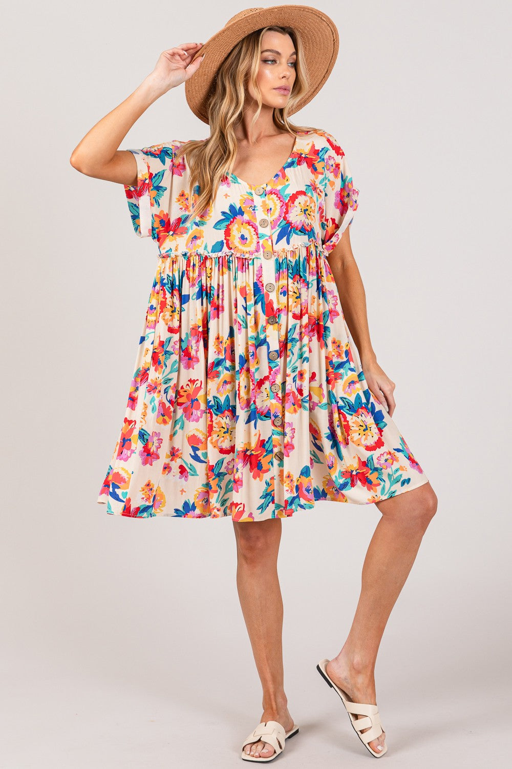 SAGE + FIG Full Size Floral Button-Down Short Sleeve Dress Southern Soul Collectives