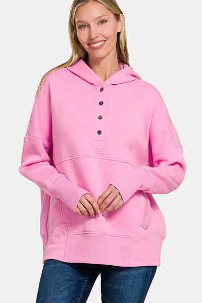 Zenana Half Snap Long Sleeve Hoodie with Kangaroo Pocket in Pink Southern Soul Collectives