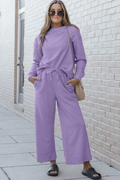 Boujee Girl Textured Long Sleeve Top and Drawstring Wide Leg Pants Set in Multiple Colors  Southern Soul Collectives