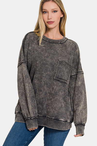 Zenana Exposed Seam Round Neck Dropped Shoulder Sweatshirt Southern Soul Collectives