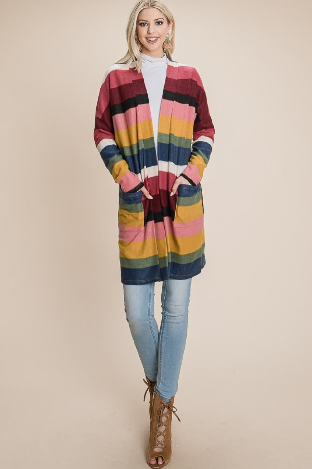 BOMBOM Color Block Striped Open Front Cardigan Southern Soul Collectives